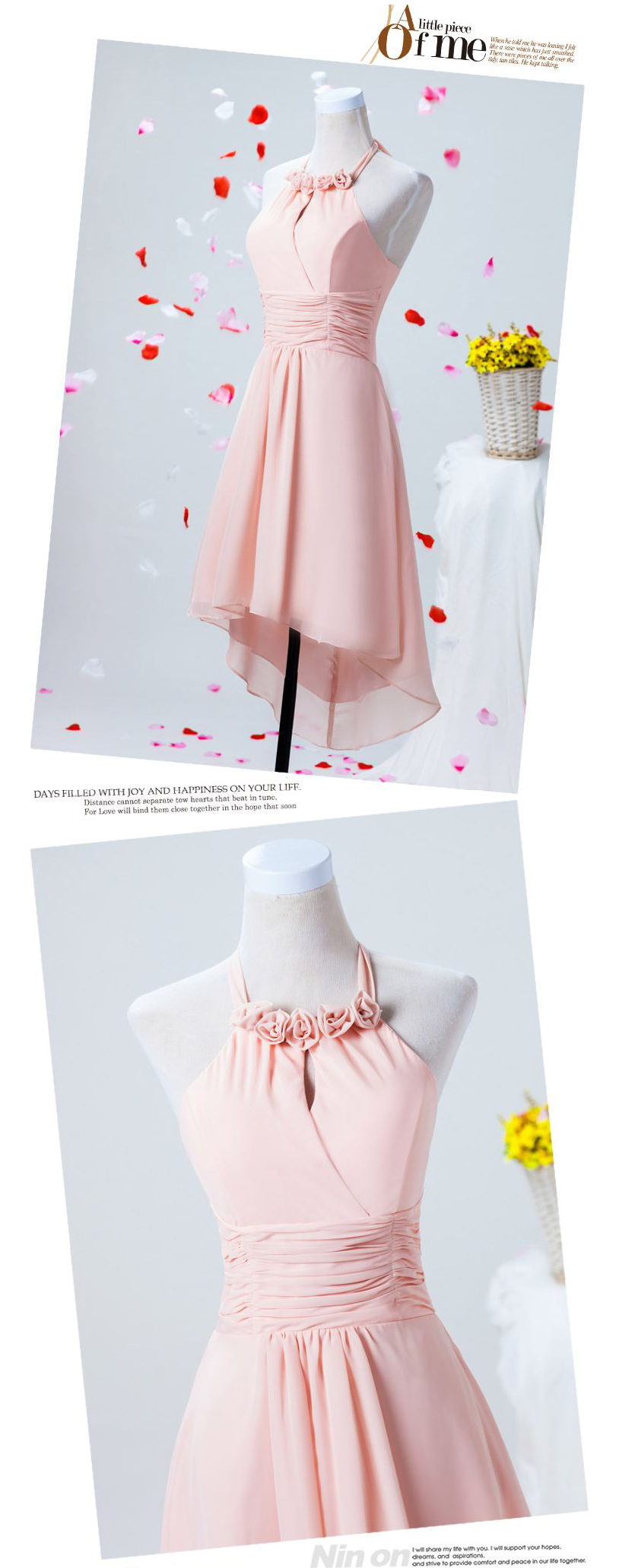 พร้อมส่ง ชุดราตรีสั้น สีชมพูอ่อน ชุดเพื่อนเจ้าสาว แบบคล้องคอ หน้าสั้นหลังยาว