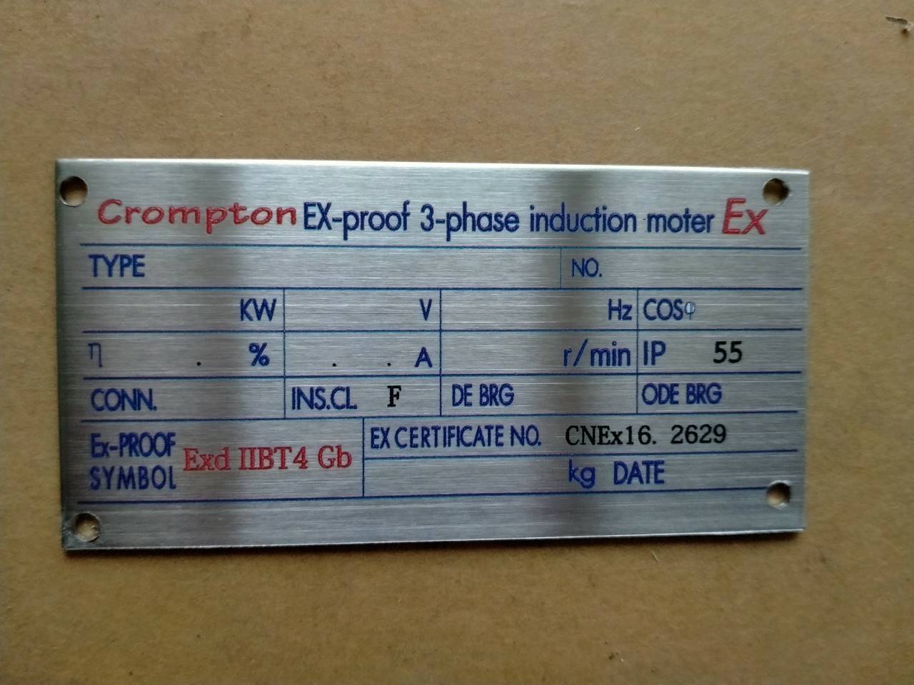 ป้ายสแตนเลสพิมพ์สกรีน Crompton EX-phase induction moter Ex