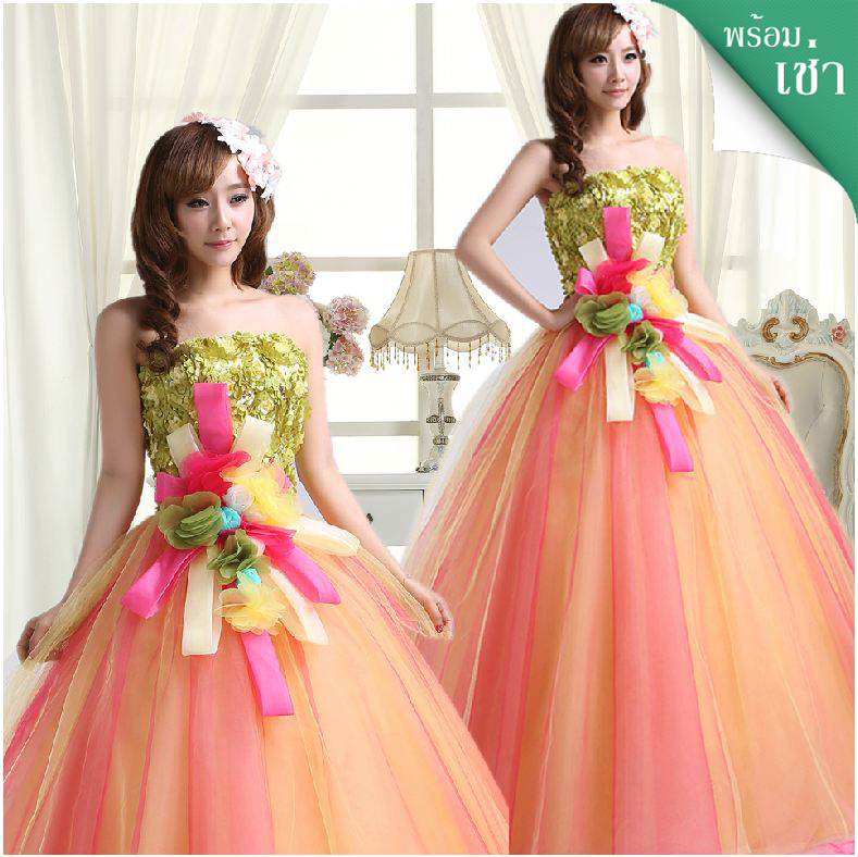 พร้อมเช่า ชุดแฟนซี ชุดราตรี สีส้ม แต่งลูกไม้ 3D สีเขียว (เชือกผูกหลัง)