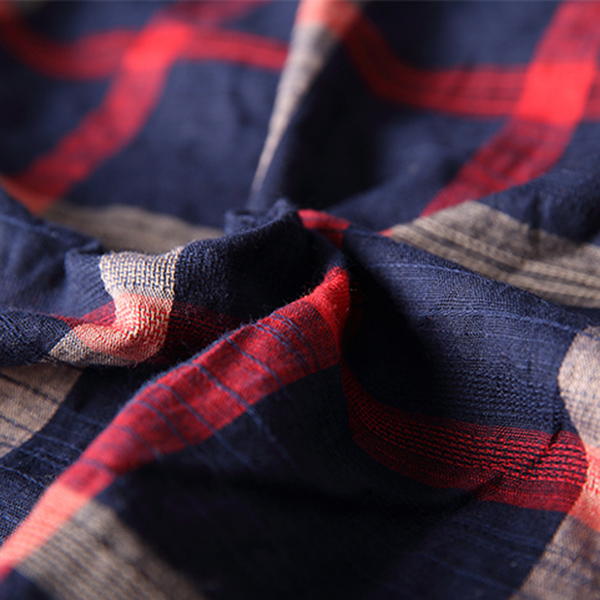 เสื้อแฟชั่นวินเทจ แขนยาวมีสแนป ผ้าทอนิ่มลายตาราง (11491M)