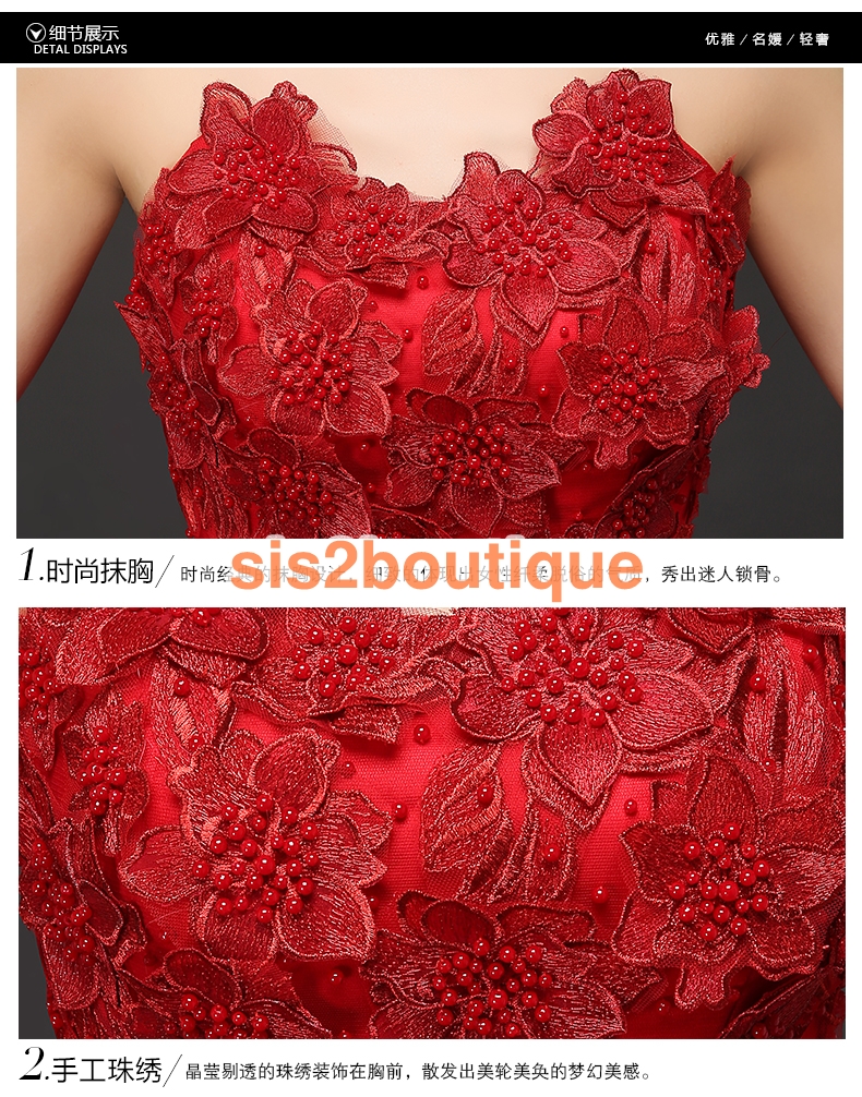 Pre-order ชุดราตรีสั้น เกาะอก สีแดง แต่งอกด้วยดอกไม้ คาดโบว์ที่เอว กระโปรงผ้าซาติน จับจีบ เซ็กซี่