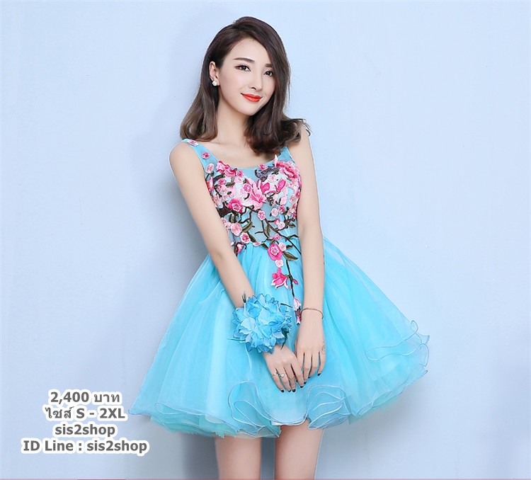 Pre-orderชุดแฟนซีชุดราตรีสั้นแขนกุดปักดอกไม้ช่วงอกกระโปรงพองฟูเชือกผูกหลัง