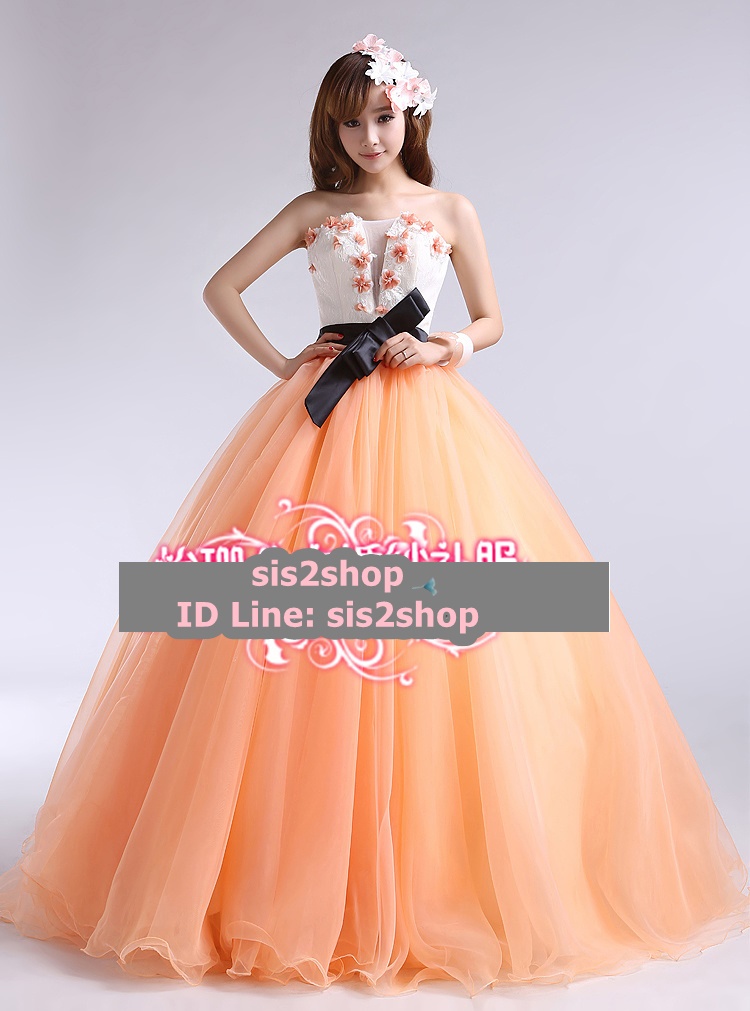 พร้อมเช่า ชุดแฟนซี ชุดราตรี สีส้ม ขาว แต่งดอกไม้ ผ่า V โปร่งกลางอก