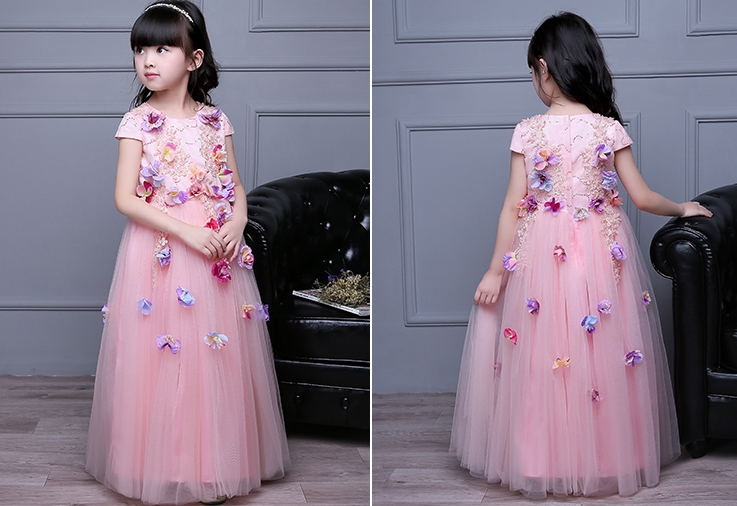 Pre-order ชุดแฟนซี แขนสั้น คอกลม ปักเลื่อม แต่งดอกไม้ กระโปรงตาข่าย ซิปหลัง