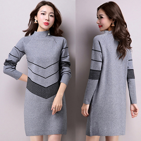 เดรสคอปีน ผ่าซิปแต่งมุก ผ้าไหมพรมวูลหนานุ่มถักลายสวย (12168B)