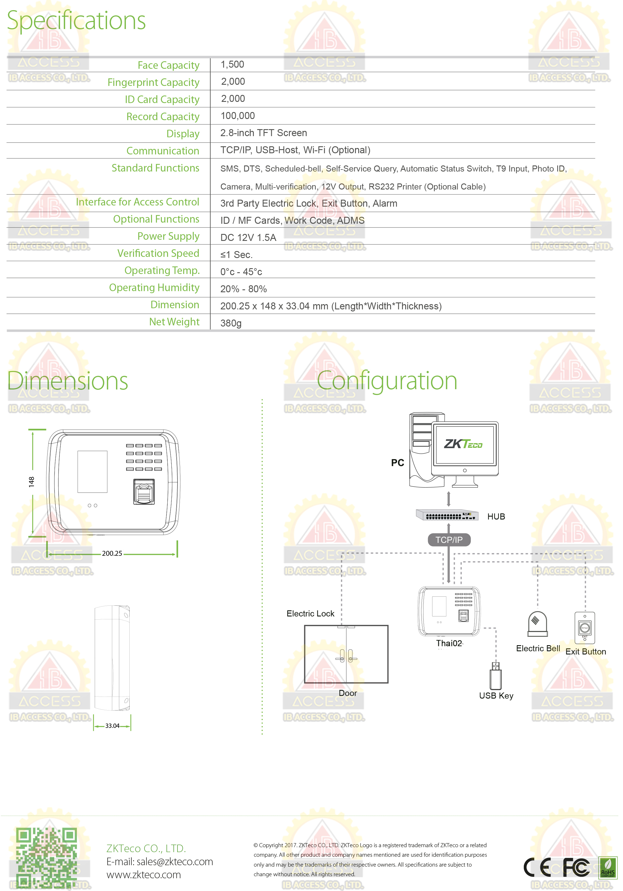 เครื่องสแกนใบหน้า ยี่ห้อ ZKTeco รุ่น Thai02 (บันทึกเวลาทำงาน)