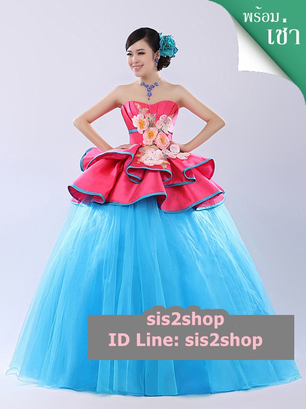 พร้อมเช่า ชุดแฟนซี ชุดราตรียาว สีฟ้า แต่งระบายสีบานเย็นสวย สองชั้น