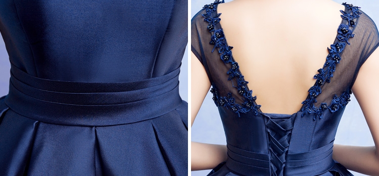 Pre-order ชุดราตรีสั้น สีน้ำเงิน แขนสั้น คอกลมกว้าง หน้าสั้นหลังยาว แต่งลูกไม้ ปักมุก เชือกผูกหลัง