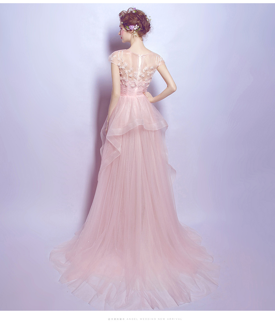 Pre-order ชุดแฟนซี ชุดเจ้าสาว ชุดราตรียาว สีชมพู แขนสั้น ซีทรู แต่งคริสตัลช่วงบน กระโปรงยาว ซิปหลัง