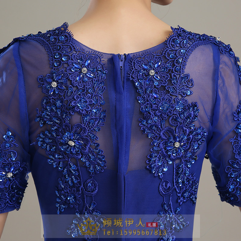 Pre-order ชุดราตรียาว แขนสามส่วน ผ้าโปร่ง ปักดิ้นลูกไม้ คอกลม แต่งเพชร ปักเลื่อม สวยหรู ซิปหลัง ไซส์ใหญ่ S-3XL