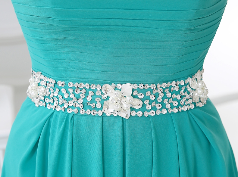 Pre-order ชุดราตรียาว เกาะอก สีฟ้าคราม ผ้าชีฟอง ปักเลื่อมที่อก และเอว ซิปหลัง