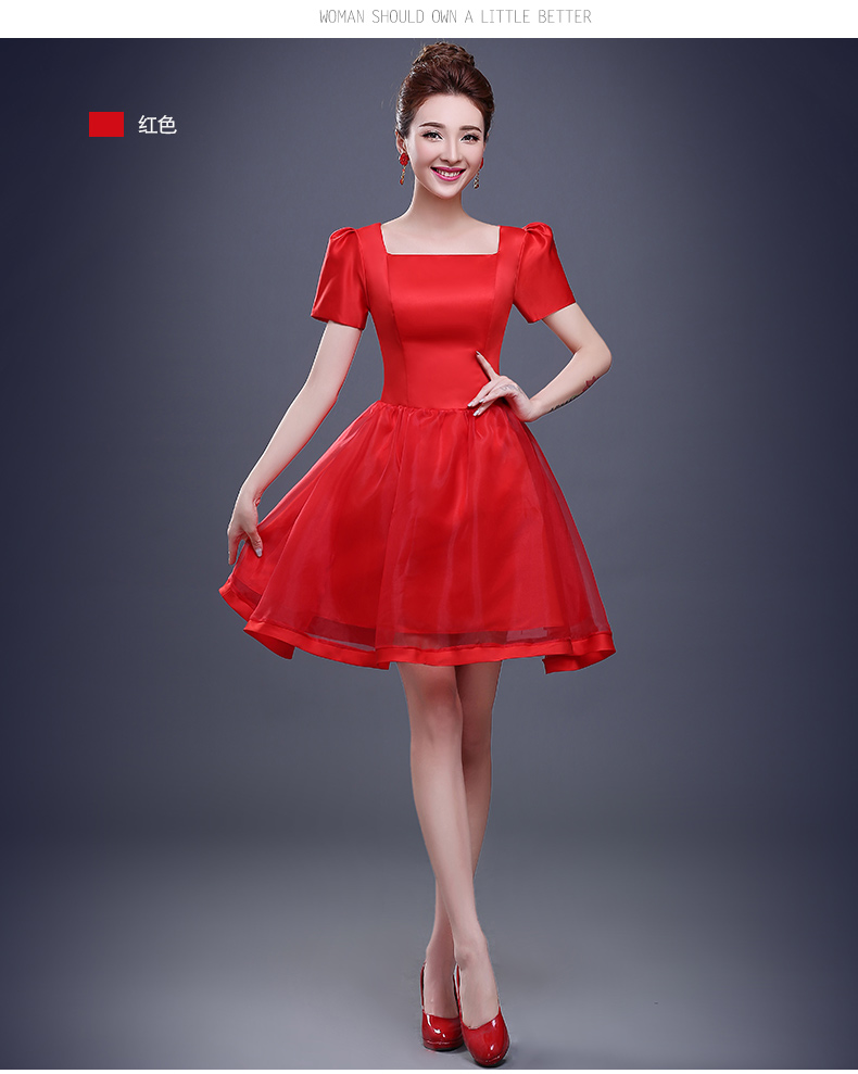 Pre-order ชุดราตรีสั้น สีแดง เรียบหรู แขนตุ๊กตา เนื้อซาติน + ผ้าโปร่ง มีซับใน เข็มกลัดโบว์ติดด้านหลัง (เชือกผูกหลัง) สำเนา สำเนา