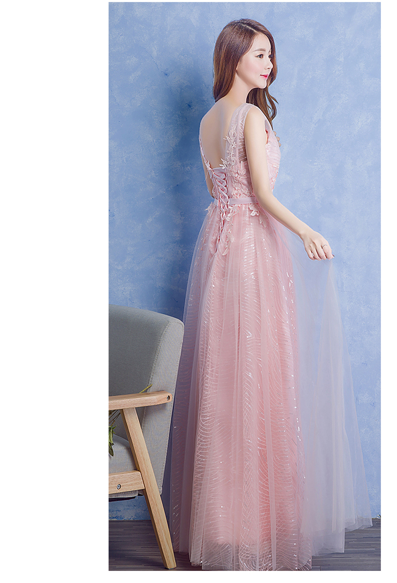 พร้อมส่ง ชุดราตรียาว แขนกุด สีชมพู แต่งลายลูกไม้ ผ้าตาข่าย ข้างในปักเลื่อม สวยหรู เชือกผูกหลัง