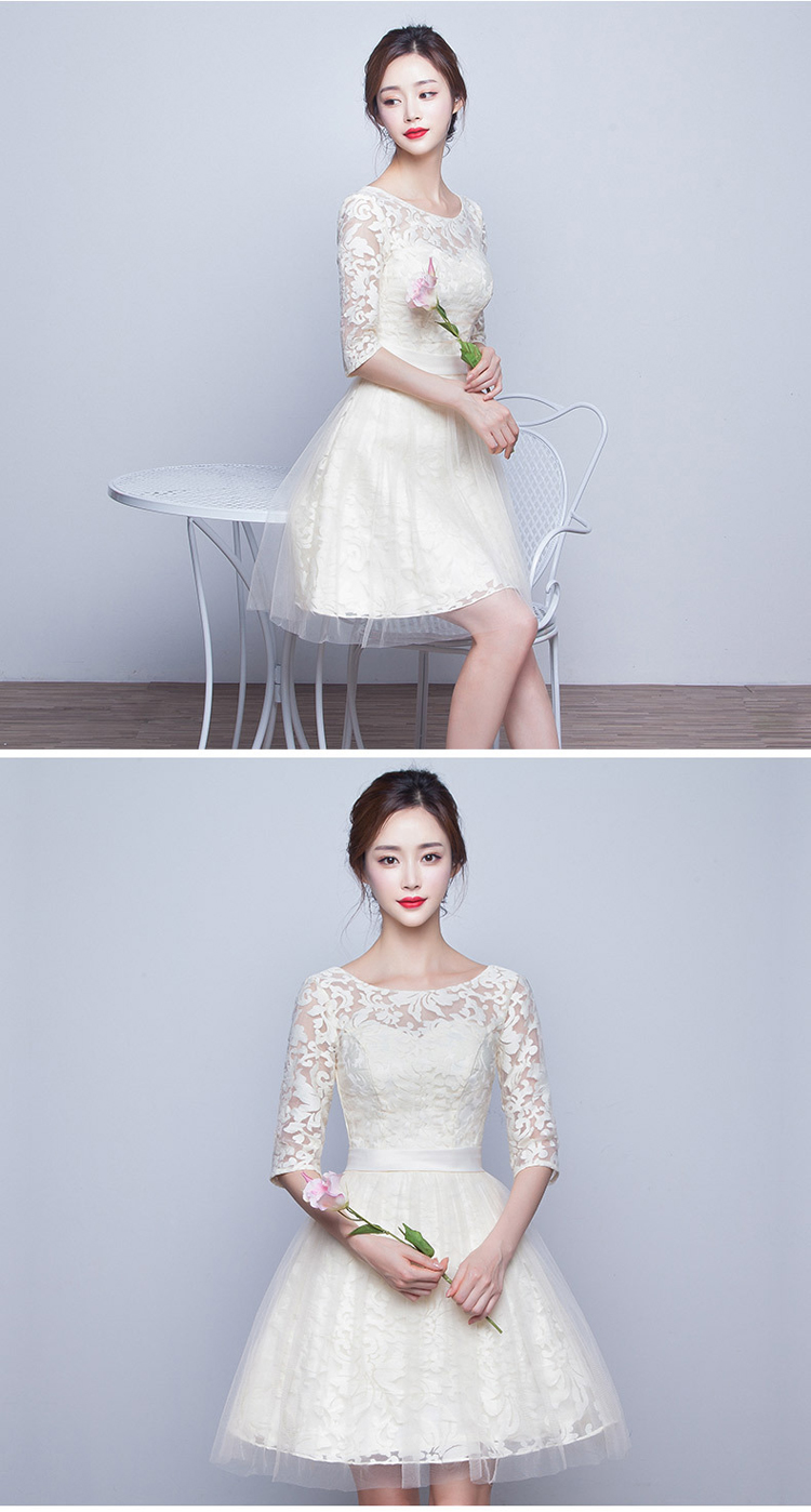 Pre-order ชุดราตรีสั้น ชุดเพื่อนเจ้าสาว แขนสามส่วน แต่งลูกไม้ ผ้าตาข่าย คาดผ้าที่เอว เชือกผูกหลัง