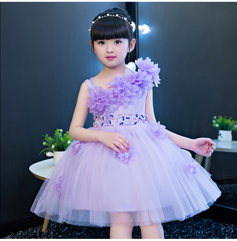 Pre-order ชุดราตรีเด็ก สีม่วง ไหล่เฉียง แต่งดอกไม้ ปักเลื่อมคาดเอว กระโปรงพองสวย ซิปหลัง