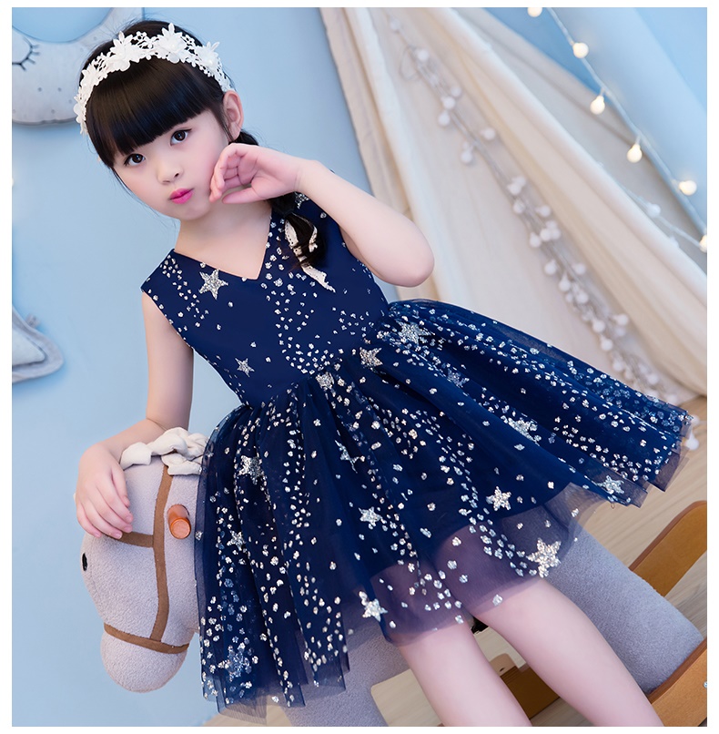 Pre-order ชุดราตรีเด็ก แขนกุด แต่งเกล็ดเงินรูปดาว กระโปรงพองสวย ซิปหลัง
