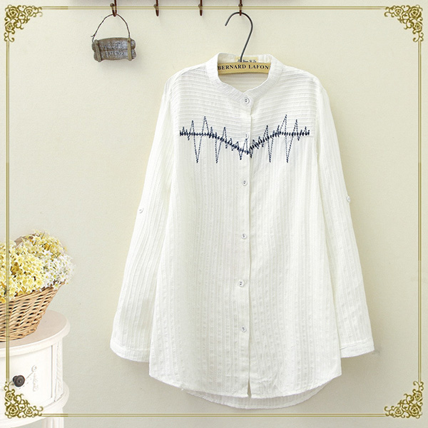 เสื้อเชิ้ตคอจีน แขนยาวมีสแนป ปักลายที่อก (12209LM)