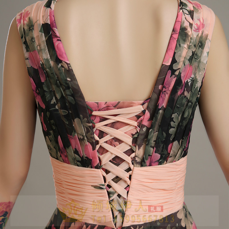 Pre-order ชุดราตรียาว แขนกุด พิมล์ลายดอกไม้ จับจีบ ผ้าคาดเอว เชือกผูกหลัง สีตามภาพ