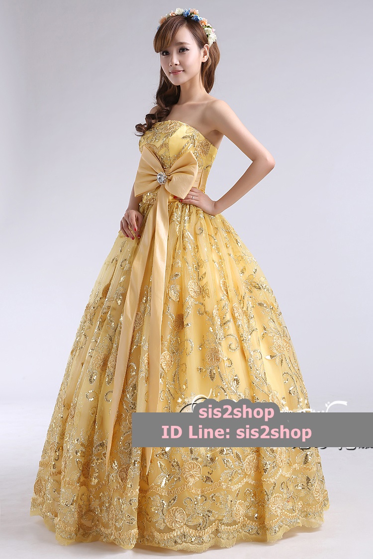 พร้อมเช่า ชุดแฟนซี ชุดราตรี สีเหลือง ลูกไม้ปักทั้งตัว แต่งโบว์ที่เอว (เชือกผูกหลัง)