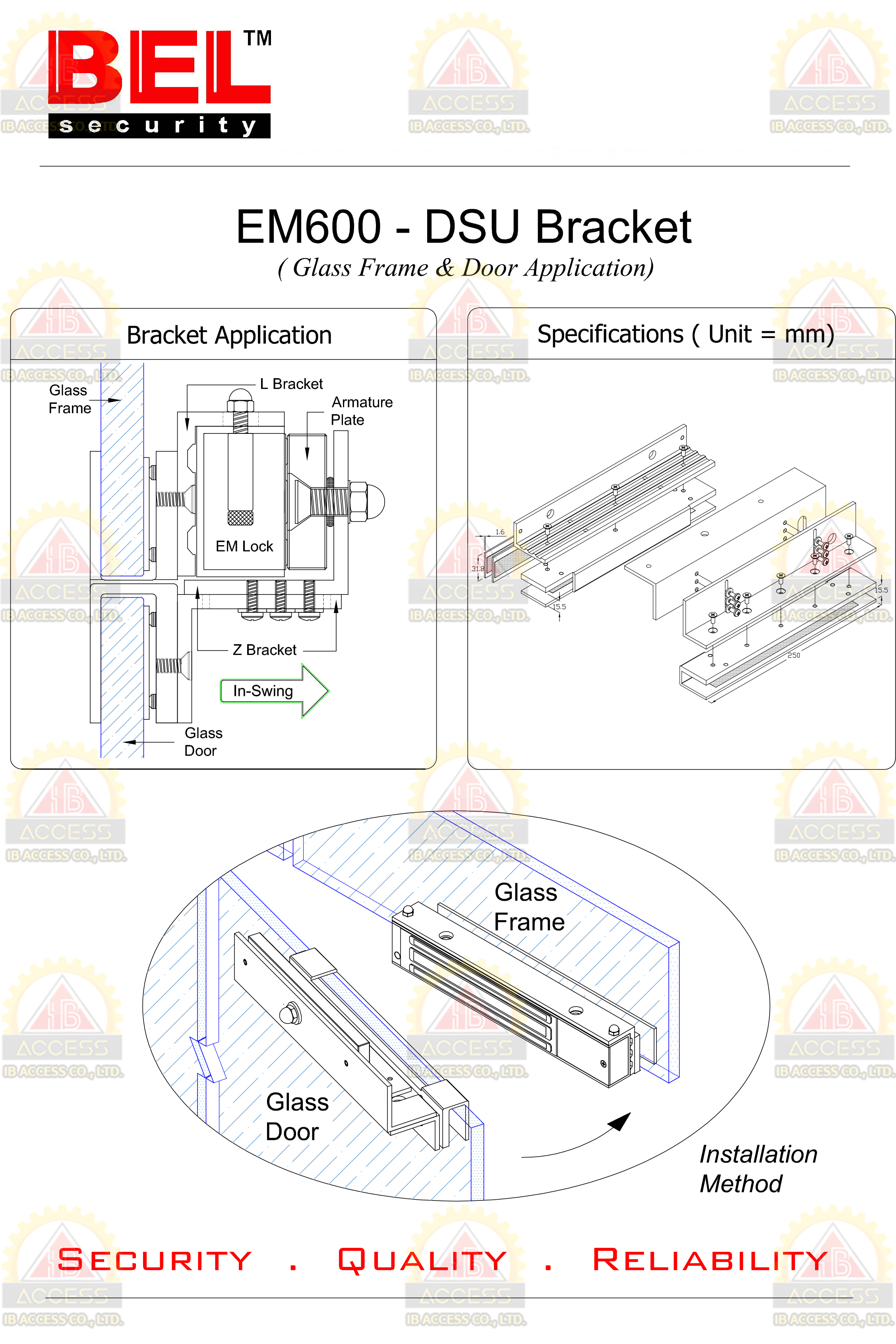 U Bracket สำหรับประตูกระจกบานเปลือยบน+ล่าง ยี่ห้อ BEL รุ่น DSU-600