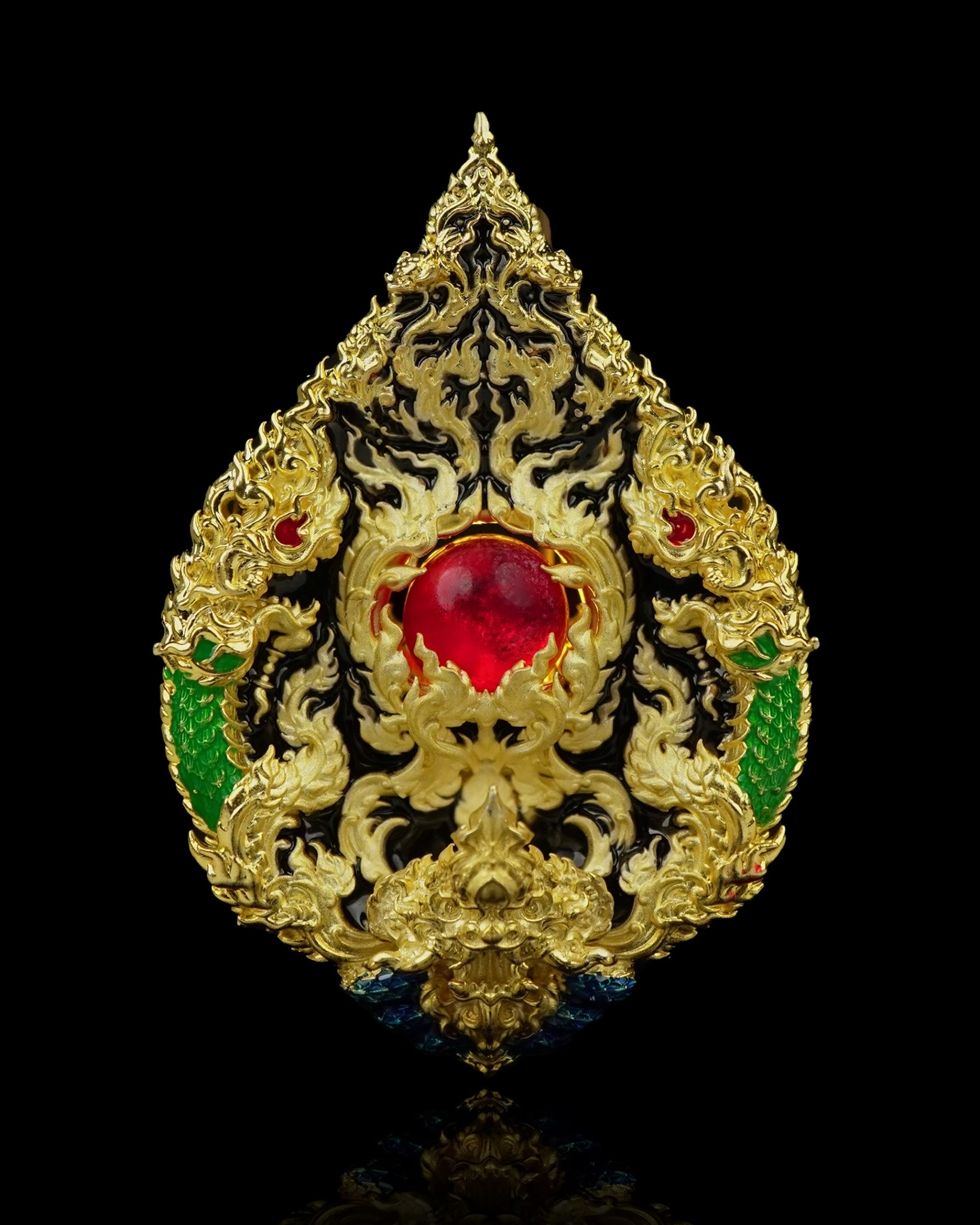 เหรียญมณีนาคราชแก้วบุญฤทธิ์ รหัส7 เนื้อบรอนซ์ชุบทอง ลงยาดำเขียว