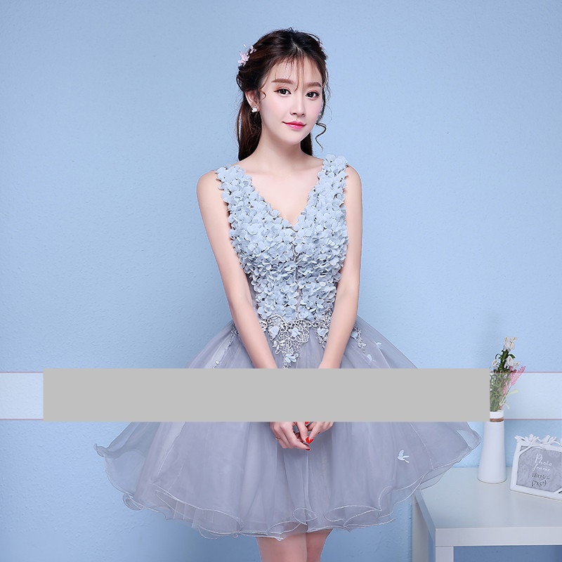 Pre-orderชุดแฟนซีชุดราตรีสั้นแขนกุดแต่งดอกไม้ช่วงอกกระโปรงผ้าแก้วสไตล์เจ้าหญิง