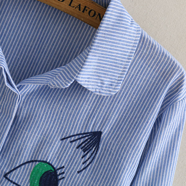 เดรสเชิ้ตแฟชั่นญี่ปุ่น แขนยาว ปักลายแมว (12100LM)