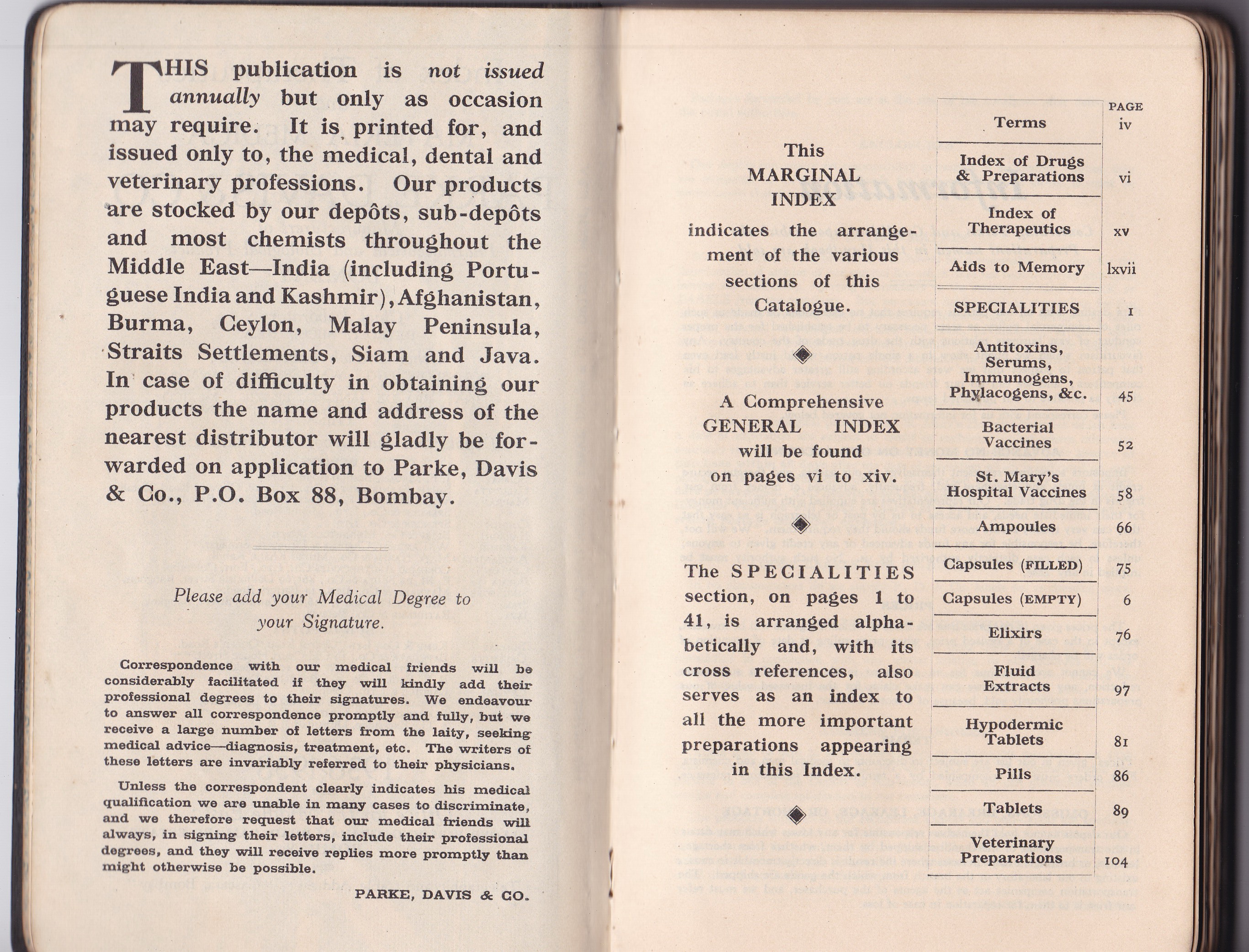 หนังสือเก่าฉบับภาษาอังกฤษ "PARKE DAVIS&COS. INDEX OF THERAPEUTICS AND MATERIA MEDICA" MIDDLE EAST EDITION 1936-1938