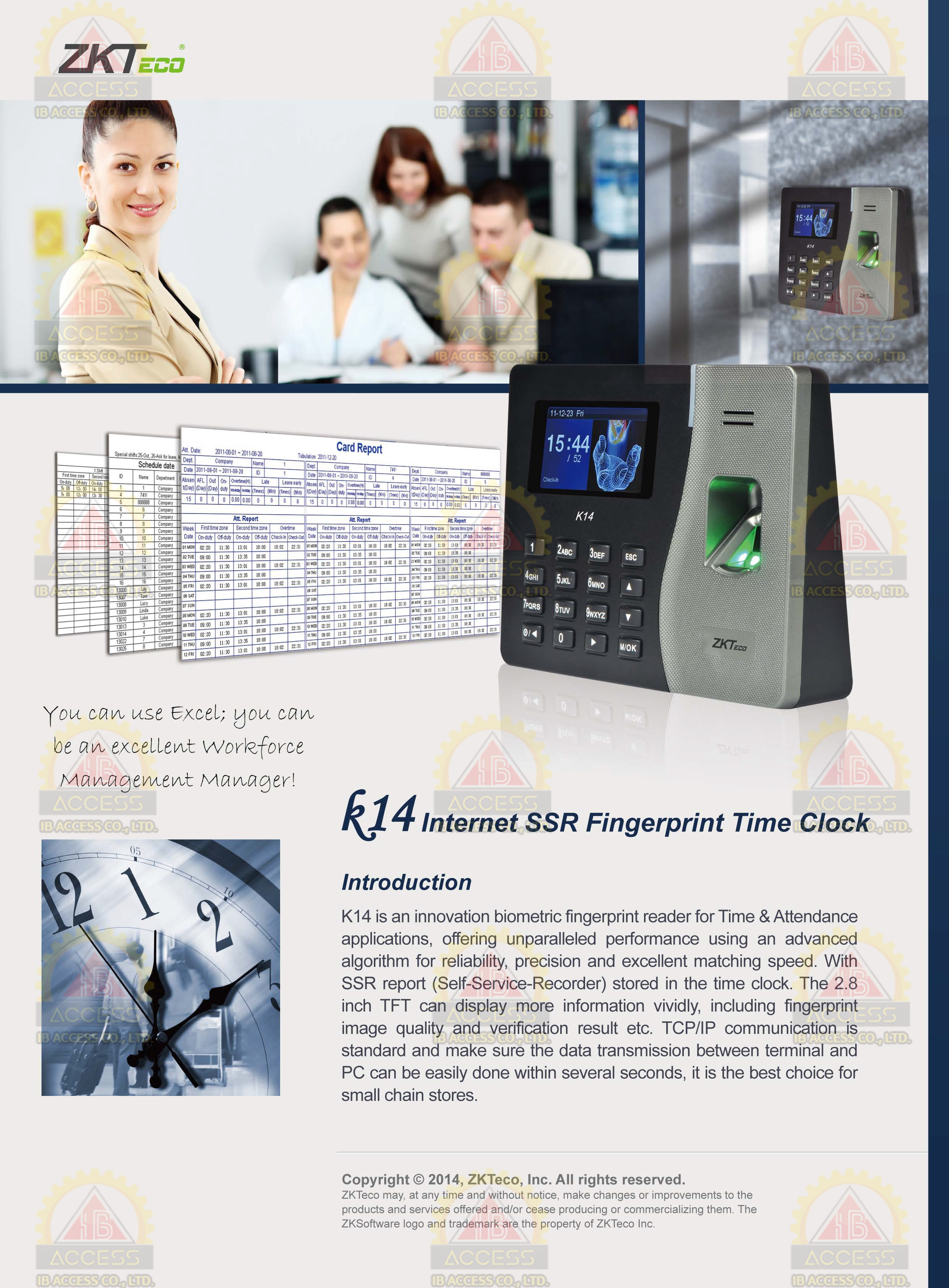 เครื่องสแกนลายนิ้วมือ ยี่ห้อ ZKTeco รุ่น K14