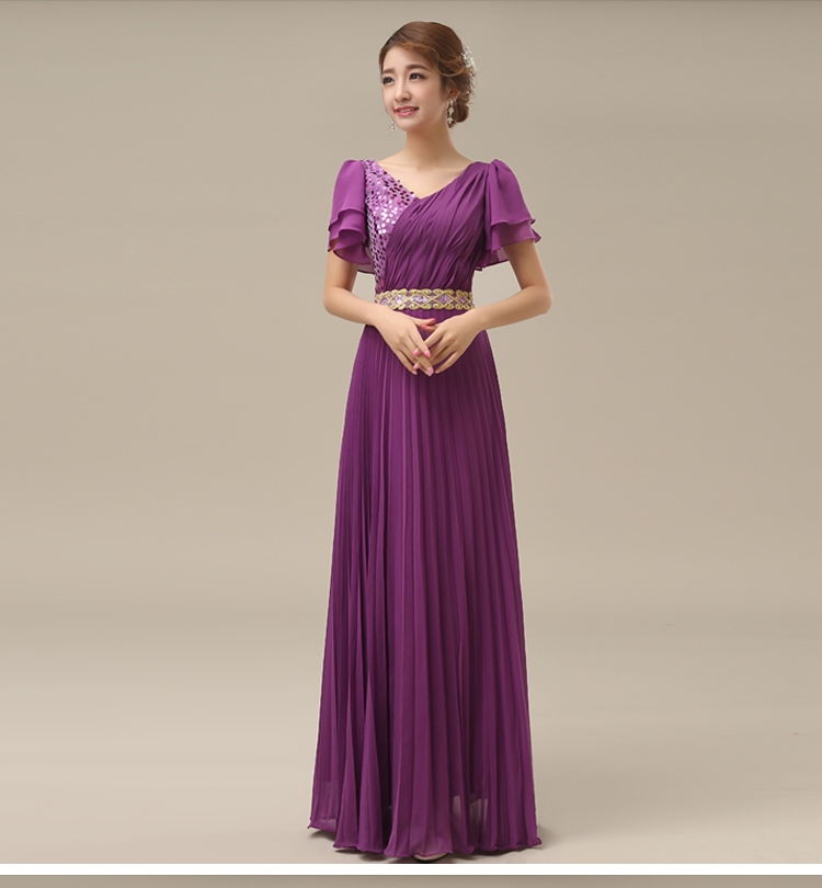 Pre-order ชุดราตรียาว คอวี แขนระบาย ผ้าชีฟอง อัดพลีท แต่งเลื่อม มีซิป ไซส์ใหญ่ XL - 6XL