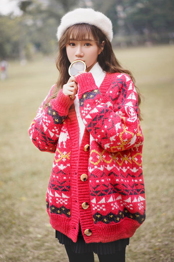 CARDIGAN เสื้อคลุมไหมพรมคอวี ผ้าหนานุ่มถักลายวินเทจ (12271B)