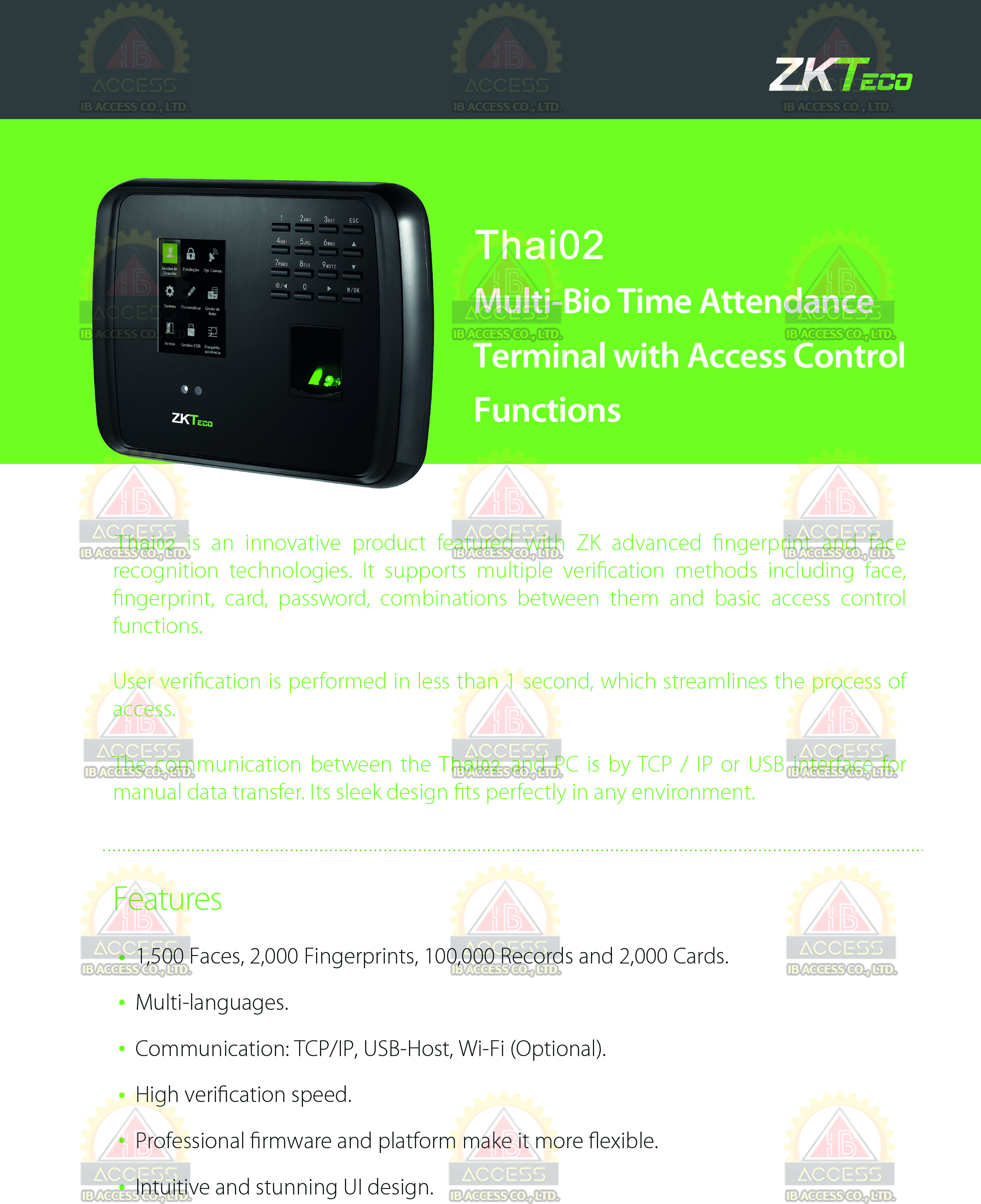 เครื่องสแกนใบหน้า ยี่ห้อ ZKTeco รุ่น Thai02 (บันทึกเวลาทำงาน)