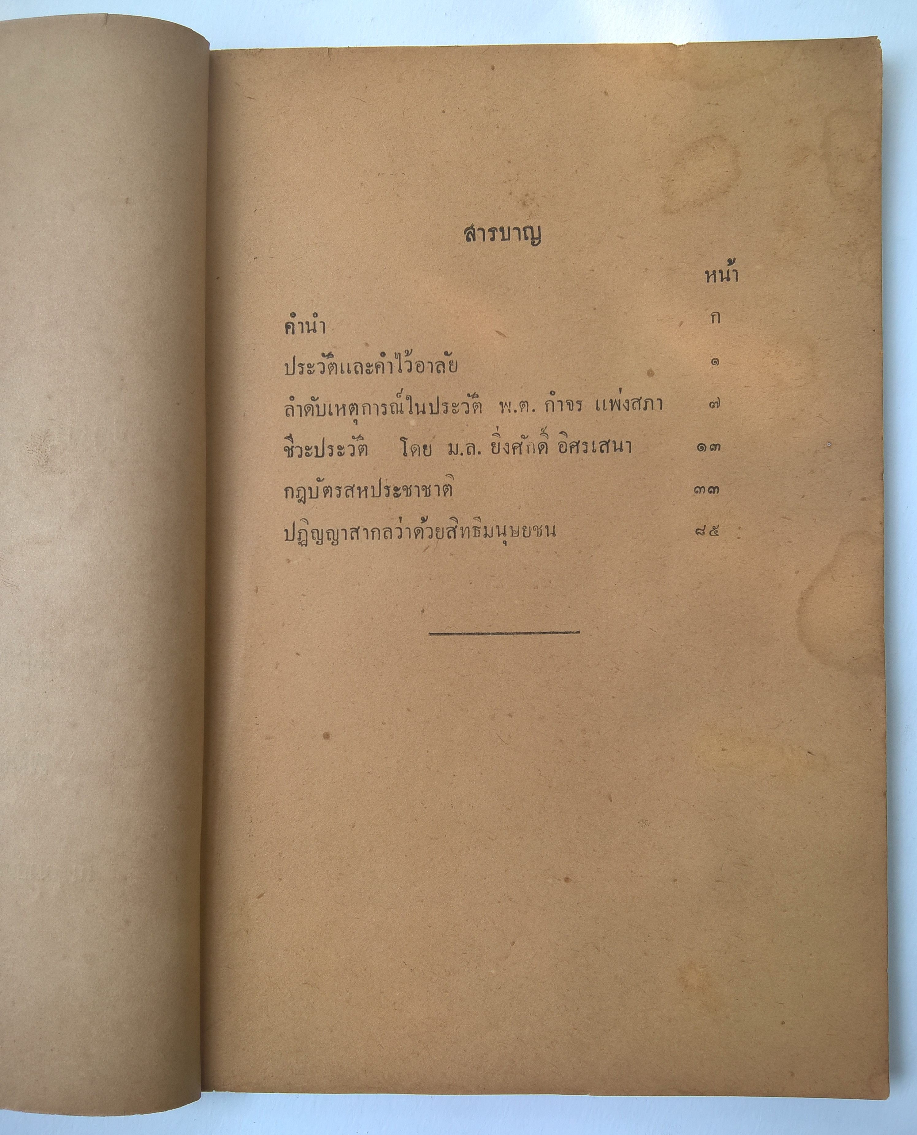 หนังสืองานศพเกา "กฏบัตรสหประชาชาติ และ ปฏิญญาว่าด้วยสิทธิมนุษยชน" พิมพ์ในงานพระราชทานเพลิงศพ พันตรี กำจร แพ่งสภา ณ ฌาปณสถาน กองทัพบก วัดโสมนัสวิหาร วันที่ 29 พฤษภาคม 2495 หนังสือเก่า ขาดที่ปก ตามภาพ
