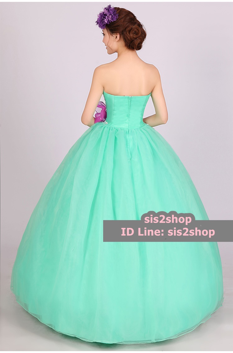 พร้อมเช่า ชุดแฟนซี ชุดราตรียาว สีเขียวมิ้นต์ เกาะอก แต่งลูกไม้ ลาย Polkadot ซิปหลัง