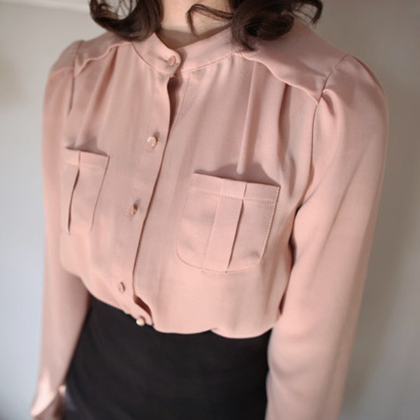 เสื้อเชิ้ตแฟชั่น ผ้าไหมเทียมแต่งกระเป๋าคู่ ChuViVi แท้ (11446CV)