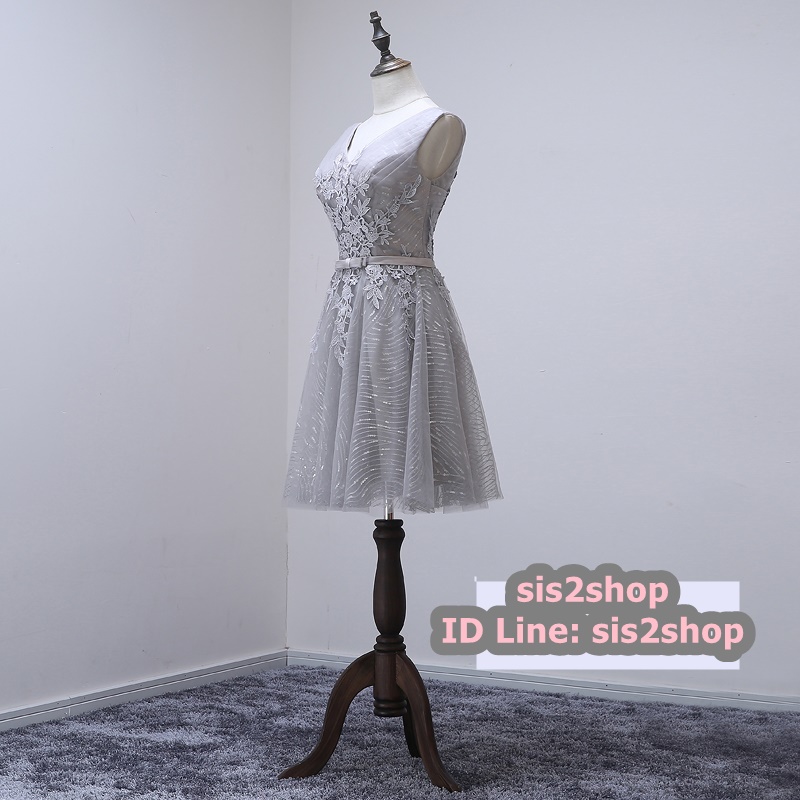 Pre-order ชุดราตรีสั้น แขนกุด สีเทา แต่งลายลูกไม้ ผ้าตาข่าย ข้างในปักเลื่อมสวย