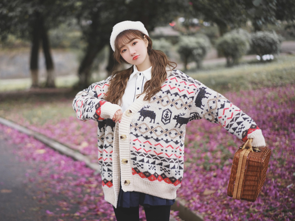 CARDIGAN เสื้อคลุมไหมพรมคอวี ผ้าหนานุ่มถักลายวินเทจ (12271B)