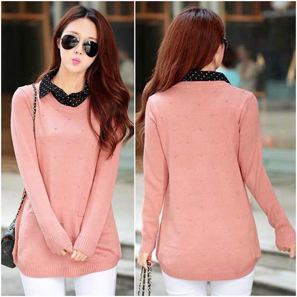 เสื้อสเวตเตอร์ไหมพรม คอปกเชิ้ตลายจุด แต่งกระเป๋าคู่ (12217B)