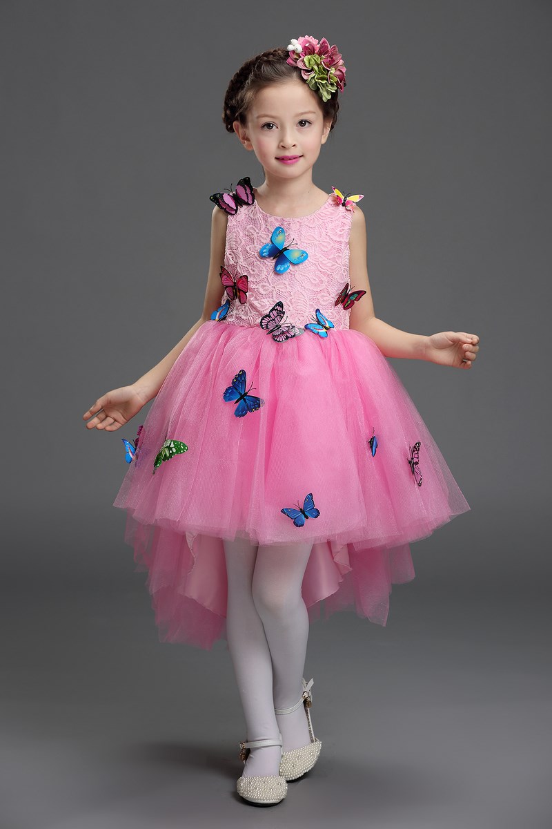 Pre-order ชุดราตรีเด็ก หน้าสั้นหลังยาว แขนกุด ผ้าลูกไม้ กระโปรงตาข่าย แต่งผีเสื้อสามมิติ สวยหวานน่ารักมาๆ