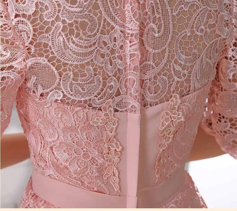 Pre-order ชุดราตรียาว แขนยาว ลูกไม้ สีชมพู กระโปรงชีฟอง แต่งเพชรที่อกและเอว ซิปหลัง