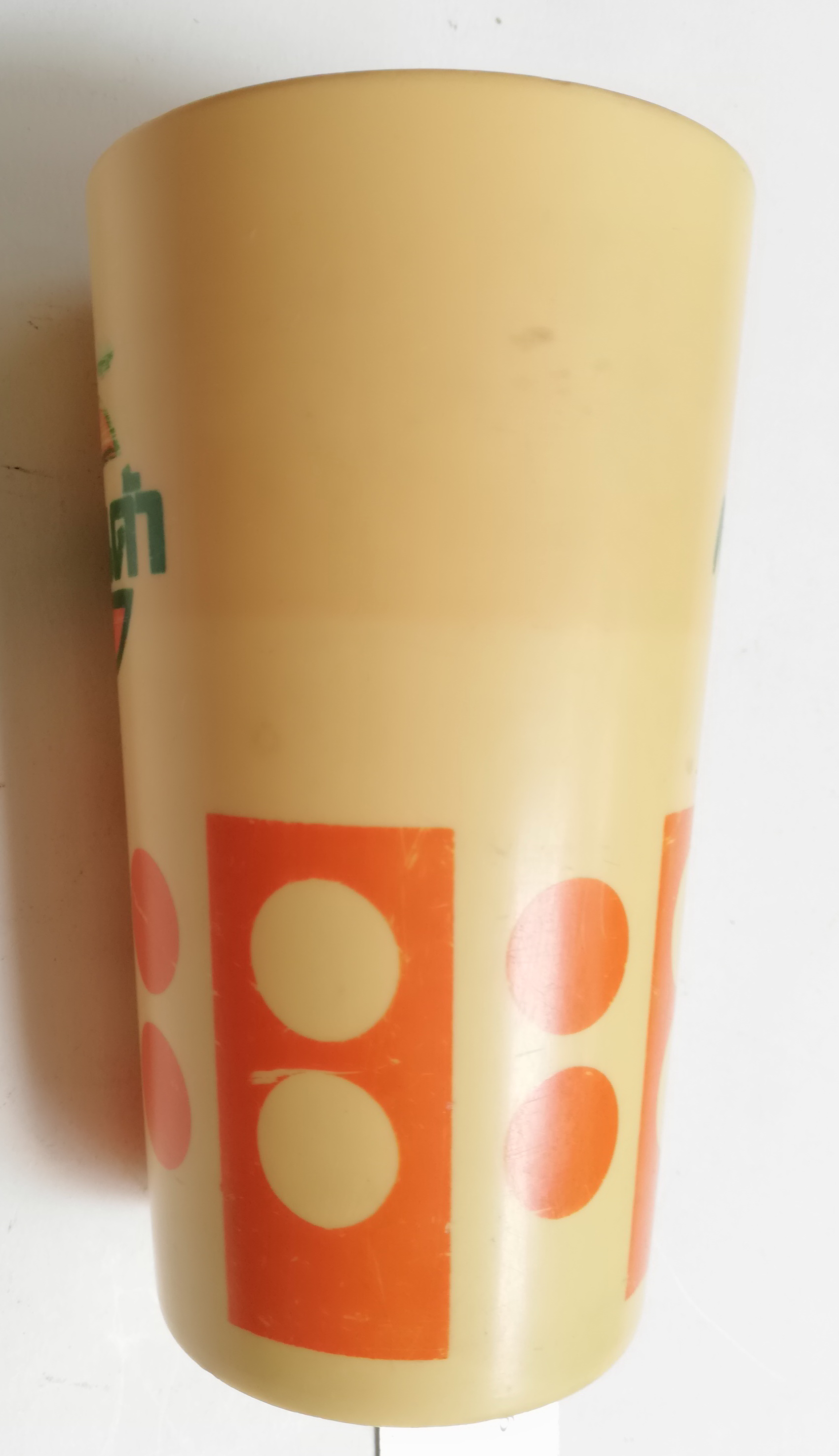 ของเก่าสะสม แก้วน้ำพลาสติกลายสีส้ม เขียว ของสะสมจากมิรินด้า MIRINDA เส้นผ่าศุนย์กลางประมาณปากแก้ว 2.9" ก้น 2.2" ความสูงประมาณ4.8" **ของเก่ามีตำหนิ โปรดตรวจสอบทุกภาพ