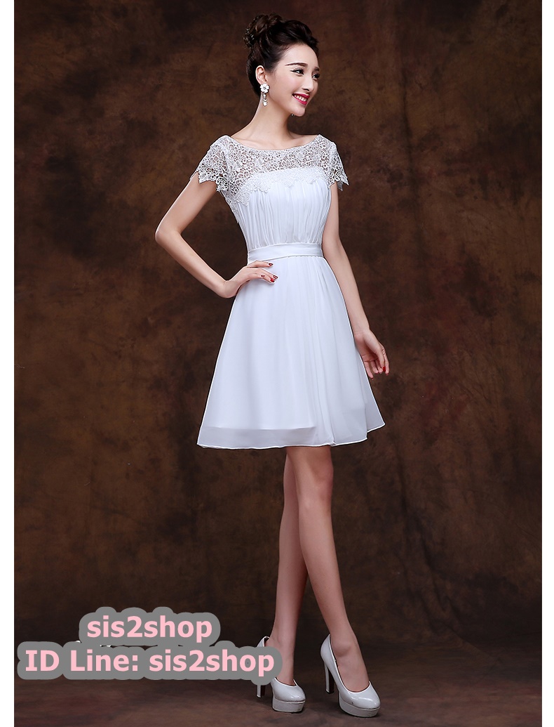 พร้อมส่ง ชุดราตรีสั้น ลูกไม้ กระโปรงผ้าชีฟอง อกจับจีบ เรียบหรู สีขาว (เชือกผูกหลัง)