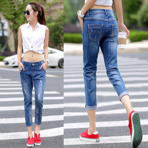 กางเกงยีนส์ทรงสกินนี่ ขายาวแปดส่วน แต่งขาแนวเซอร์ (11459X)