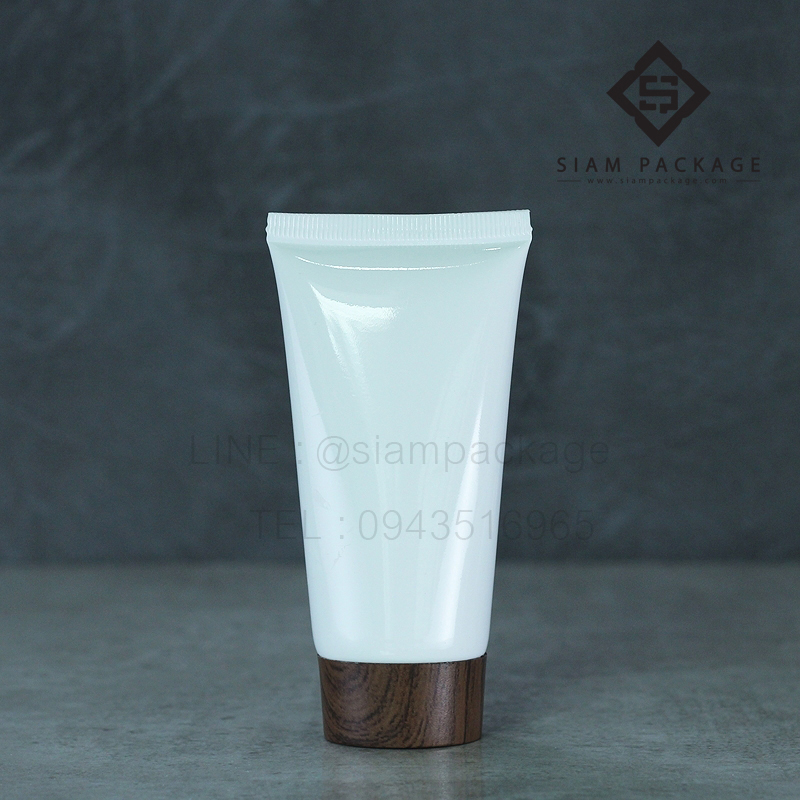 หลอดโฟมสีขาว 50g. ฝาเกลียวสีน้ำตาลลายไม้เข้ม