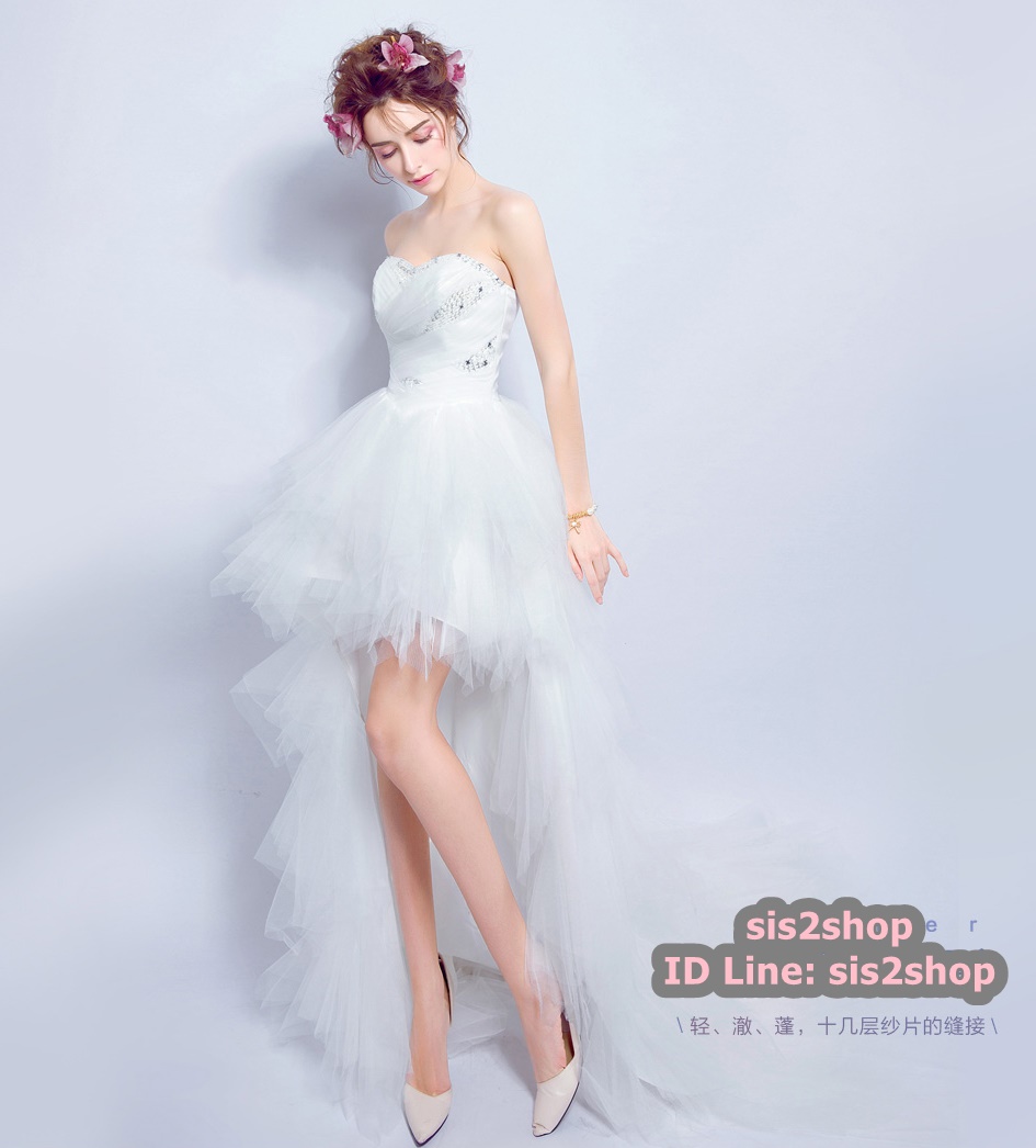 Pre-order ชุดแฟนซี ชุดราตรีสั้น หน้าสั้นหลังยาว สีขาว เกาะอก จับจีบ ปักเลื่อมช่วงอก กระโปรงเป็นชั้น เชือกผูกหลัง