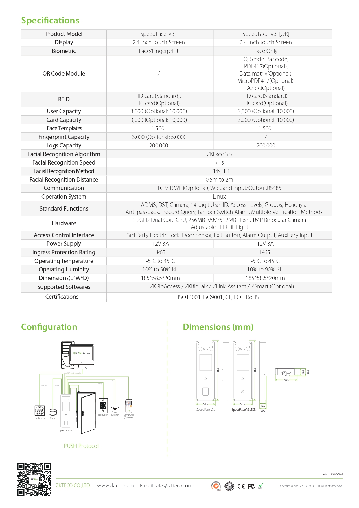 เครื่องสแกนใบหน้า ยี่ห้อ ZKTeco รุ่น Speedface V3L รองรับระบบ Access Control