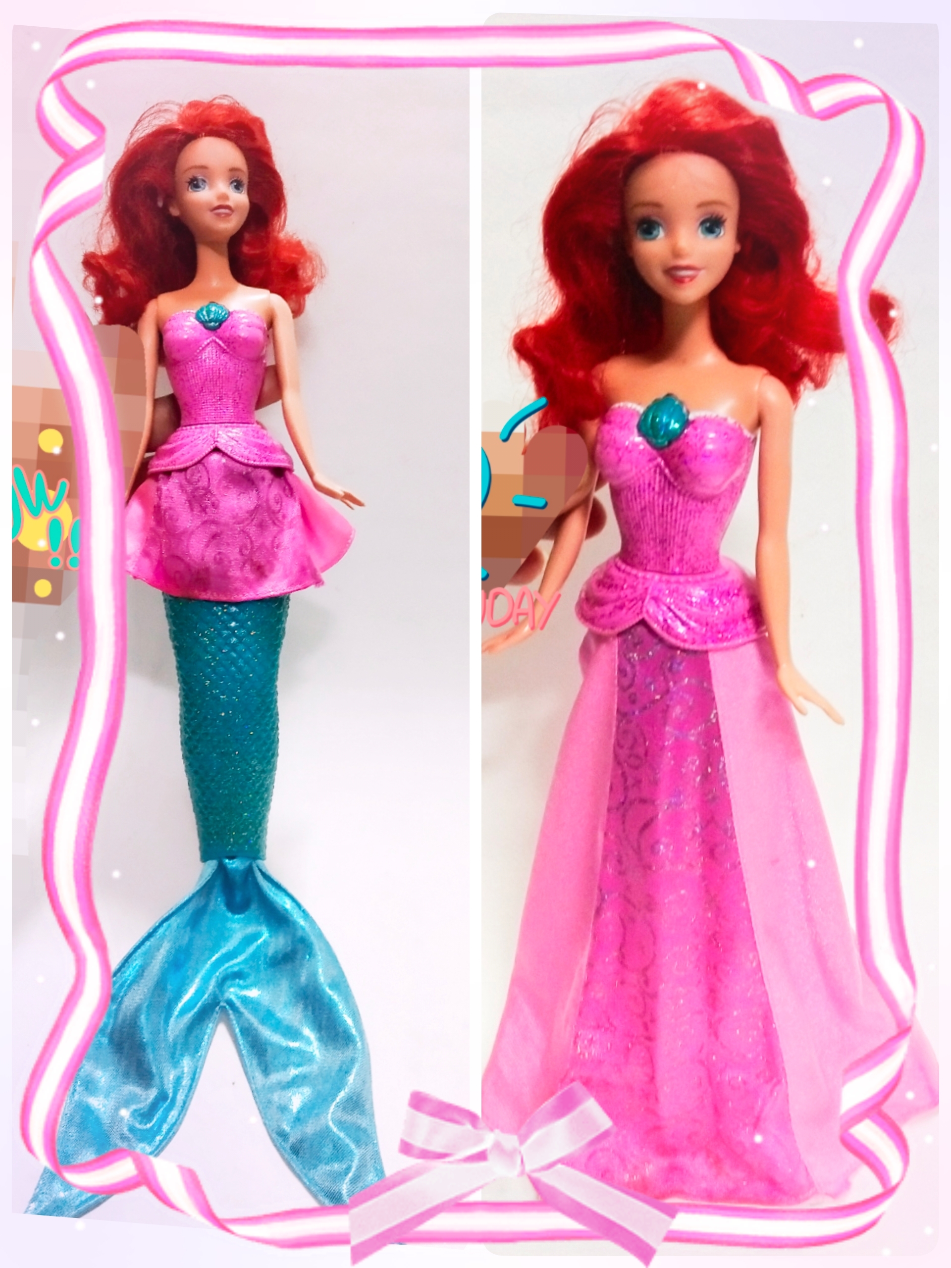 ตุ๊กตาบาร์บี้เจ้าหญิงเงือกน้อยแอเรียล ของแท้ Mattel สามารถเปลี่ยนจากหางเป็นกระโปรงได้ ด้วยการค่อยๆดึงกระโปรงลงมา จนมีความยาวตามภาพแล้วจะได้เจ้าหญิง และเมื่อต้องการกลับเป็นเงือกน้อยก็ให้ค่อยๆดึงส่วนของหาง ที่อยู่ใต้กระโปรงลงมาส่วนของกระโปรงจะกลับขึ้นไปจนได
