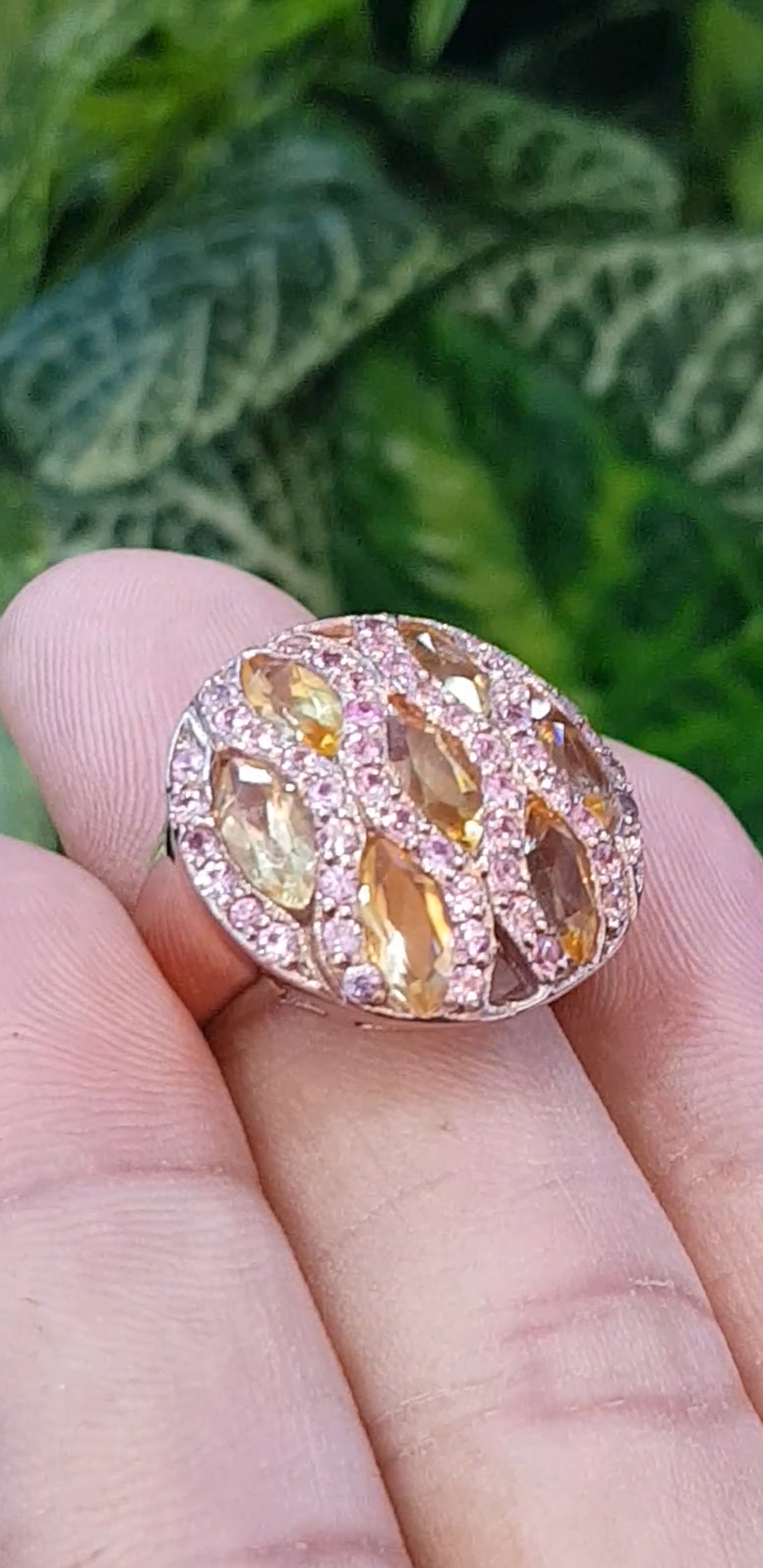แหวน พลอยซิทรีน Citrine Silver Ring (Size) 55 ตัวเรือนเงิน ชุบทอง ประดับด้วยพิ้งแซฟไฟร์ เพชร CZ คัดคุณภาพ