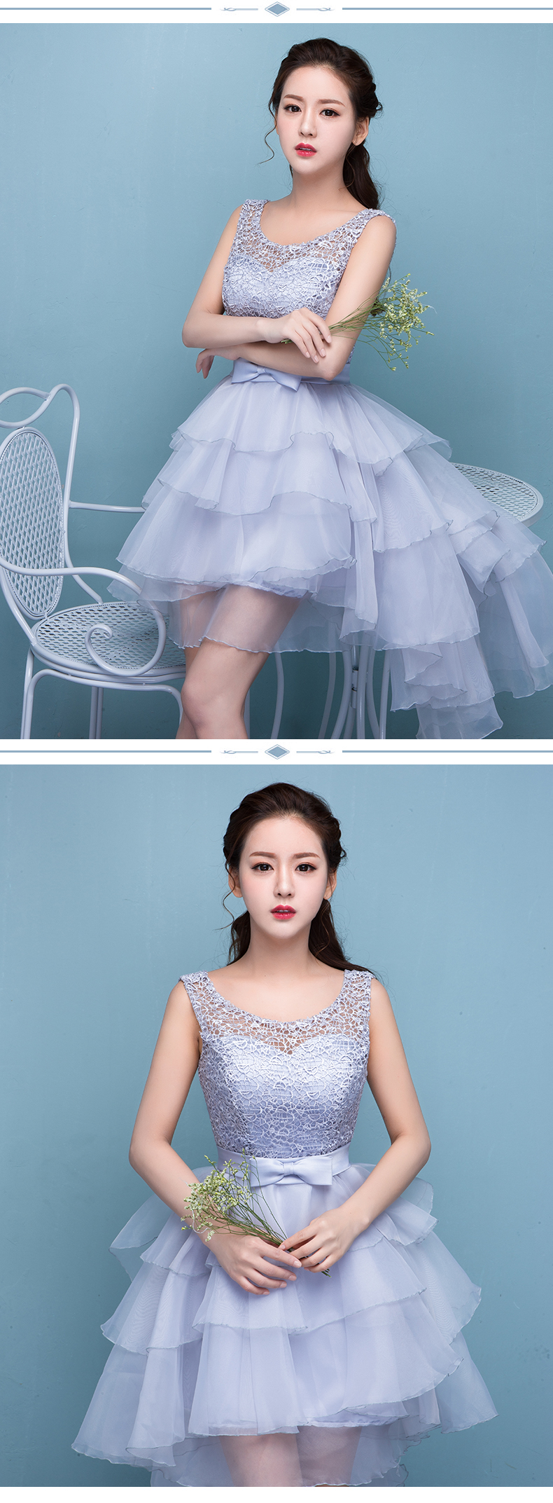 Pre-order ชุดราตรีสั้น หน้าสั้นหลังยาว แขนกุด คอกลม แต่งลูกไม้ช่วงอก คาดโบว์ที่เอว กระโปรงผ้าแก้วเป็นชั้น ๆ เชือกผูกหลัง