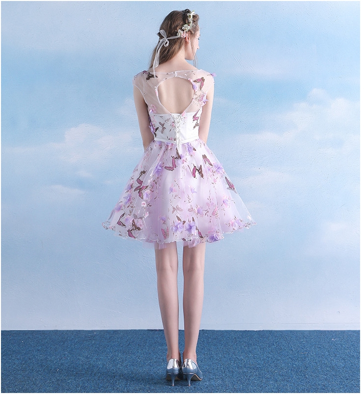 Pre-order ชุดราตรีสั้น ชุดเพื่อนเจ้าสาว ตกแต่งด้วยลายดอกไม้ทั้งชุด กระโปรงผ้าแก้ว สีชมพู สีครีมแชมเปญ สีม่วง (เชือกผูกหลัง)